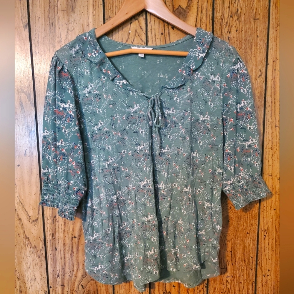 LUCKY BRAND Green Floral Short Sleeve Blouse - Large